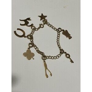 Lucky Charm Bracelet Gold Tone Angel Star‎ Horse Shoe Clover Key Wishbone